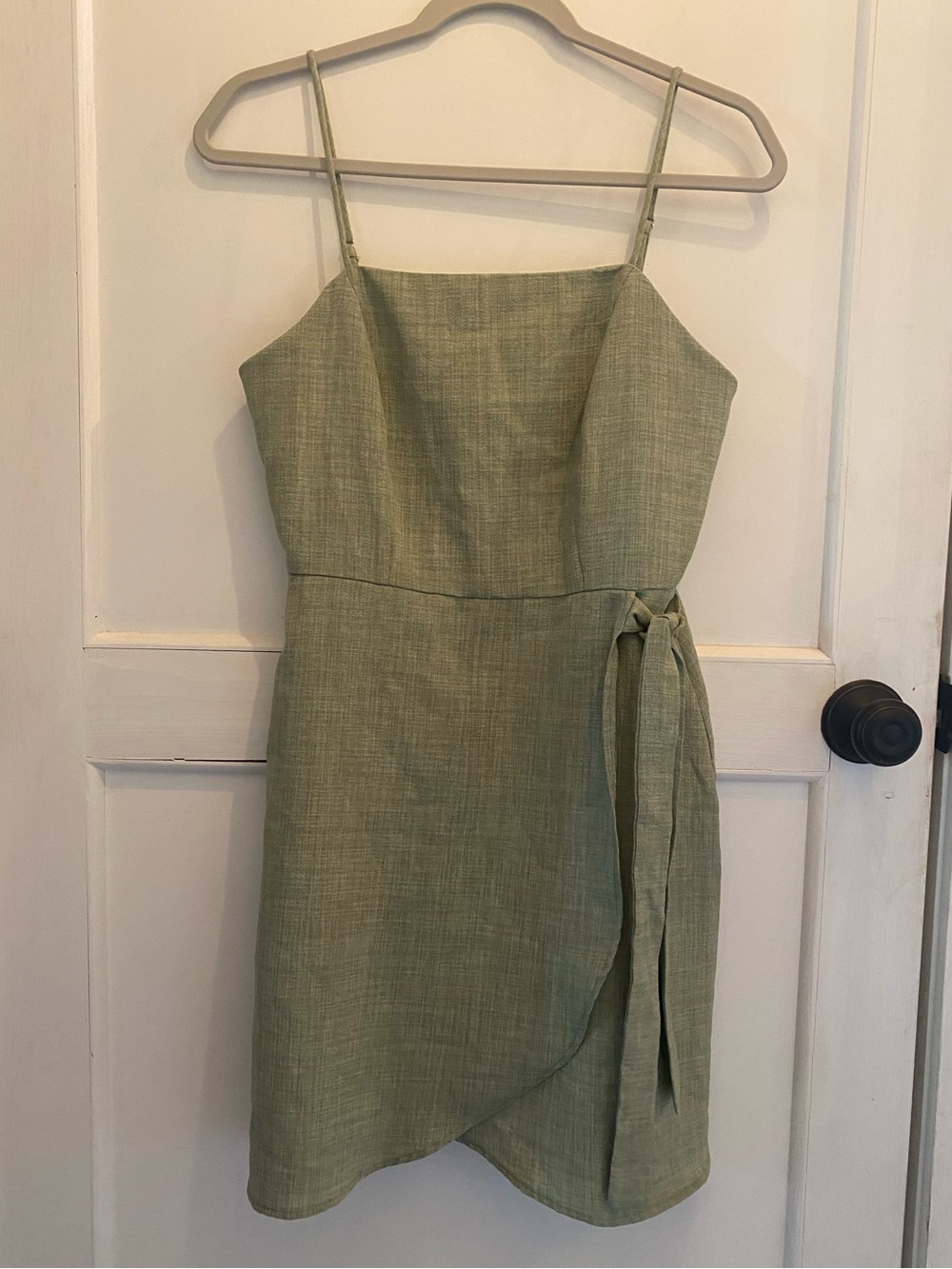 Altar’d State Light Olive Green Spaghetti Strap Faux Wrap Mini Dress
